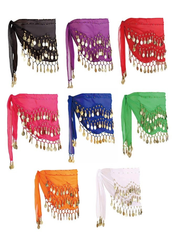 MOLFUJ 8 Pcs Belly Dance Hip Scarf, Belly Dancing Skirt with 128 Gold Coins, Belly Dancer Belt Scarf Skirt for Women 8 Bright Colors - Image 1